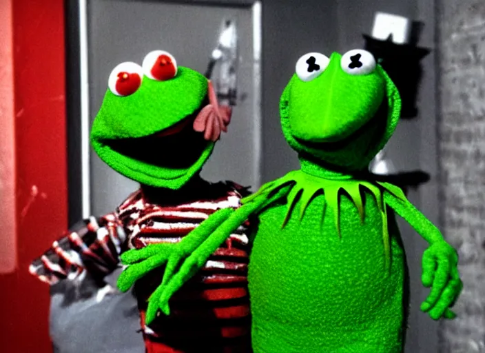 Prompt: freddy krueger as kermit the frog, happy face. long shot, colourful, by hermann nitsch and hermann nitsch, high detail
