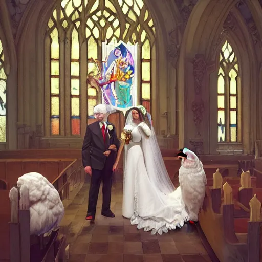 Image similar to wide shot of Colonel Sanders getting married to a chicken in a church, modern setting, intricate, elegant, highly detailed, digital painting, artstation, concept art, matte, sharp focus, illustration, hearthstone, art by Artgerm and Greg Rutkowski and Alphonse Mucha