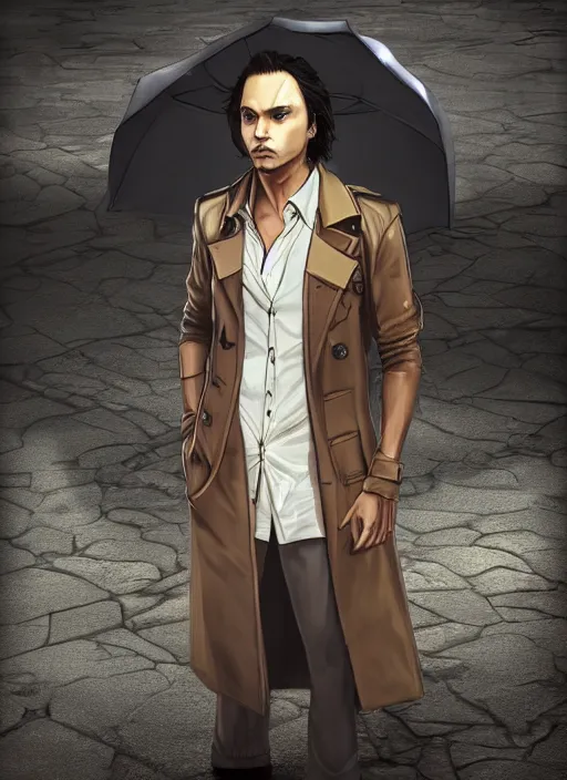 Prompt: full body portrait of frank dillane in a tan trenchcoat and fedora, digital painting, extremely detailed, sharp focus, noir, night, rain, octopath traveler, unreal engine 5 highly rendered, global illumination, radiant light, highly detailed face