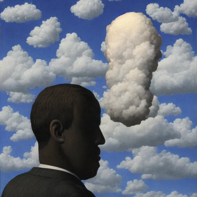 Image similar to portrait of a man made out of clouds in a suit, face hidden by clouds, by rene magritte, detailed painting, hd, hq, high resolution, high detail, 4 k, 8 k