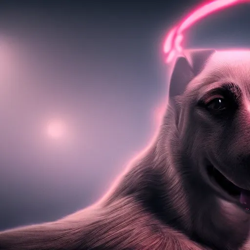 Image similar to cinematic portrait of strange kazakh drugged dog, concept art, glowing light