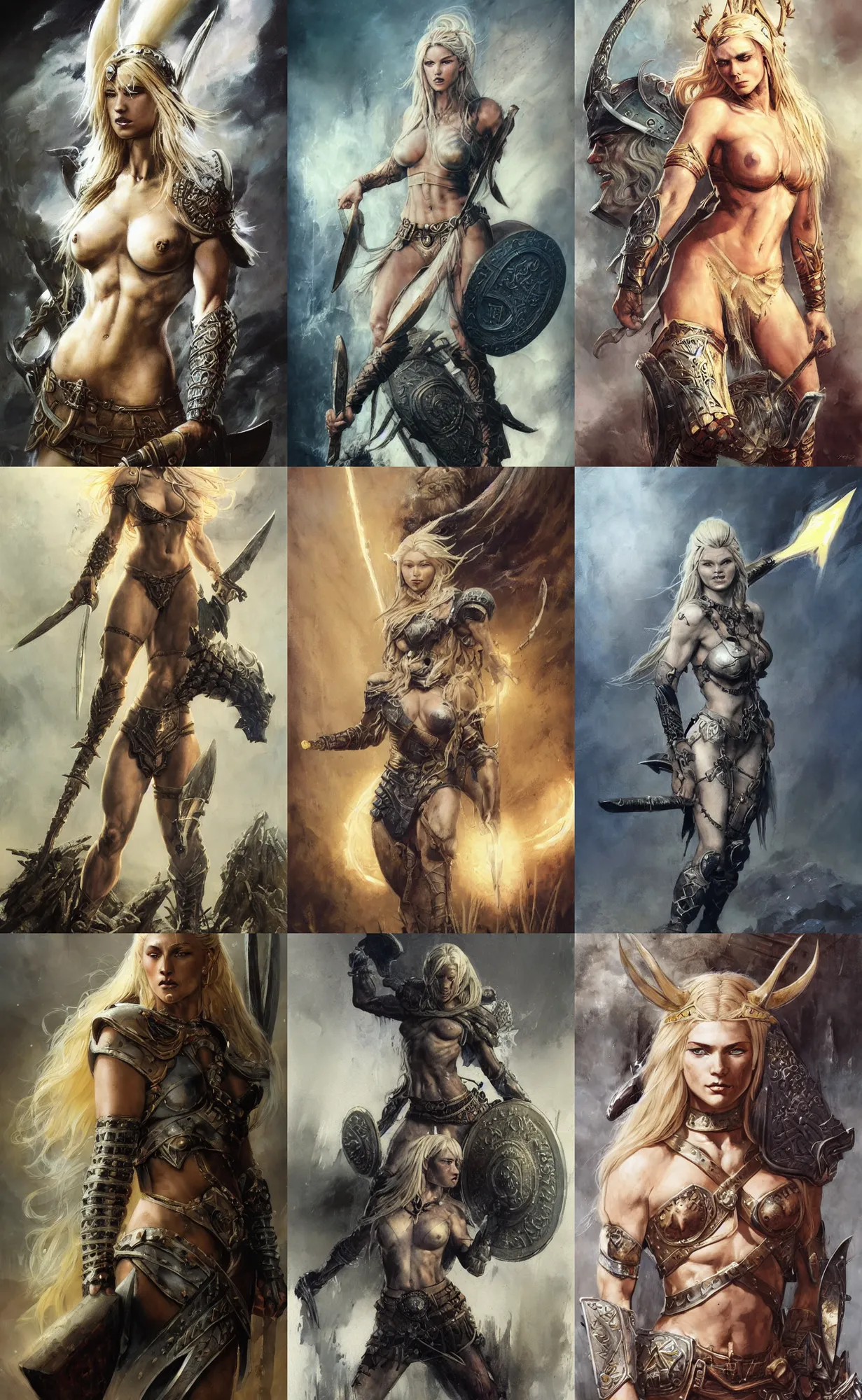 Prompt: A mixed media painting of the beautiful blonde viking goddess of war infused with lightning, very aesthetic, detailed face, by Frank Frazetta, Greg Rutkowski, Boris Vallejo, Beeple, Yoko Taro, Christian MacNevin, epic fantasy character art, goddess of anger, viking runes, high fantasy, CGsociety, full length, exquisite detail, post-processing, low angle, masterpiece, cinematic, odin's stone arena background