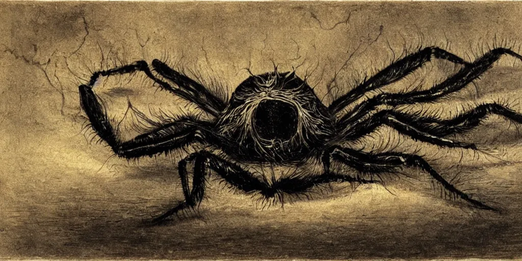 Image similar to hyperrealism Baptism on the river, monster spider in style of Goya