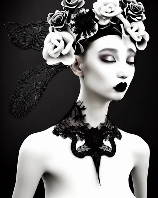 Image similar to dreamy surreal poetic black and white 3D render of a beautiful young porcelain female-creature-cyborg-vegetal with a very long neck and a super big gothic lace collar filled with dead flies and a very high big floral crown with many black dry roses:: smoke, high fashion, haute couture, rococo, avant-garde, elegant, dreamy, hyper realistic, 150 mm lens, avatar Second Life, Anouk A., soft rim light, octane render, unreal engine, volumetric lighting, dramatic light,8k,