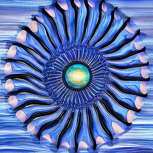 Image similar to A beautiful kinetic sculpture of a blue ocean with waves crashing against the shore. The sun is shining brightly and there are seagulls flying in the sky. positivism by Janine Antoni kaleidoscopic