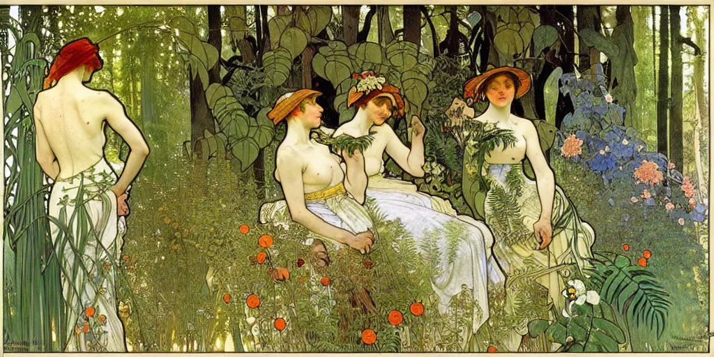 Image similar to a beautiful painting of wild animals in the woods with vines and ferns and flowers, painted by carl larsson and alphonse mucha