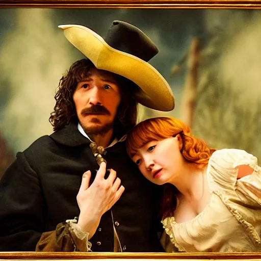 Image similar to Cyrano de Bergerac and Roxanne (Haley Bennet), are looking a teach other hand romantically. dramatic, high contrast, romantic, theatrical, lumnious, cinematic lights, oil canvas by Csók István, Munkácsi and Hollósy Simon