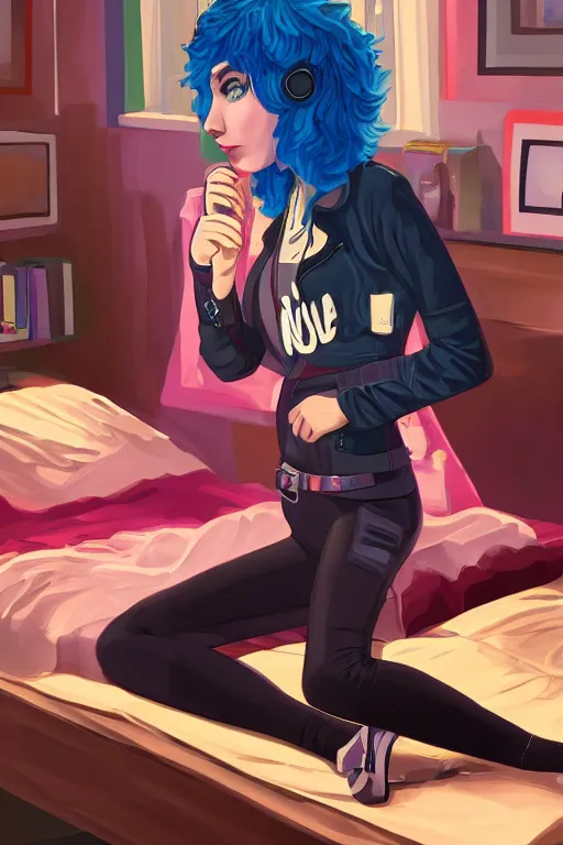 Image similar to ramona flowers from scott pilgrim sitting on her bed listening to music, highly detailed, wide shot, intricate, fearful, mystical, sharp focus, Trending on Artstation HQ, deviantart, unreal engine 5, 4K UHD image