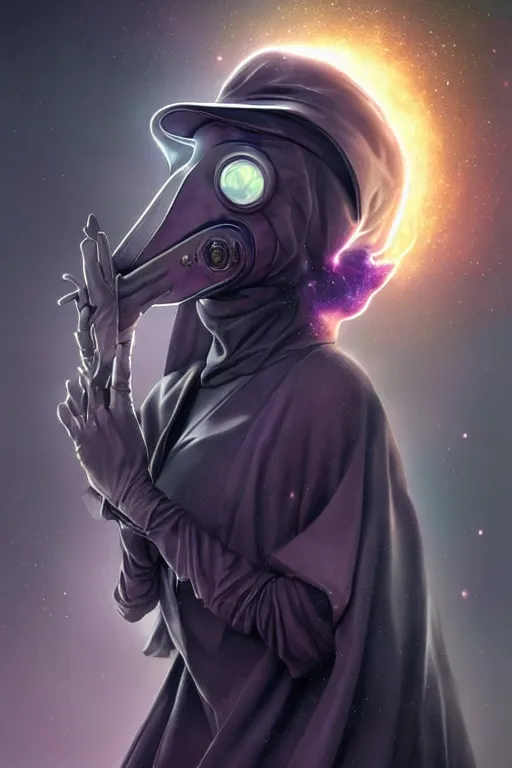 Prompt: wow! 3 / 4 stunning photorealistic portrait of a female plague doctor with a nebula aura in a kowloon! cyberpunk cityscape, bioluminescent bodysuit, acid rain, dark scifi, by artgerm and sorayama and alphonse mucha, ultrarealistic, hyperdetailed, trending on artstation, octane render