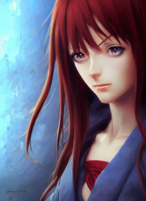 Prompt: blue eyes, Classical oil painting of Makise Kurisu by Marc Simonetti, beautiful anime portrait, official artwork, stylistic, Touhou character, brush strokes, oil, canvas