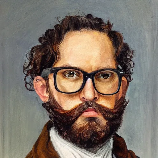 Prompt: 38 year old german man with horn-rimmed glasses, curly brown hair, and a neat full beard. Oil painting, realistic