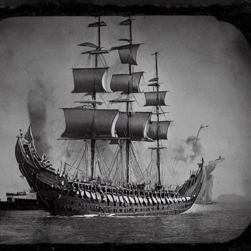 Image similar to an impossibly huge pirate ship. 1910s photograph