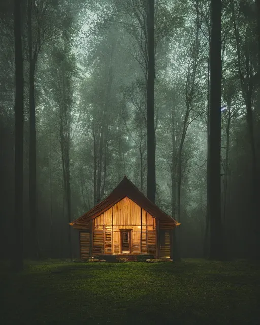 Prompt: an exquisite wooden house in a lush forest, architectural photography, dark and dim lighting, beautiful, tranquil, moody, cinematic, fantasy, 3 5 mm lens, volumetric lighting, first person view, photographic render, hyper realistic