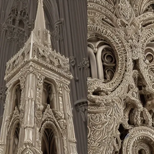 Image similar to a hyperrealistic 3 d render of a delicate ivory sculpture of an ornate detailed cathedral populated by mandelbrot fractals, micro detail, unreal engine, backlit lighting, octane renderer, catholicpunk, glowing, photorealistic, physically based rendering, angelic, carved soap, trending on cgsociety