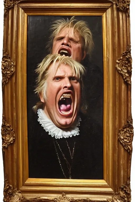 Image similar to a 1 6 0 0 s framed portrait painting of gary busey screaming, intricate, elegant, highly detailed