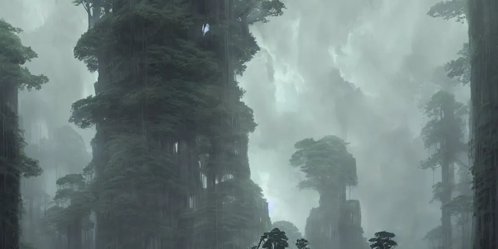 Prompt: An colossus towers above a forest canopy, stormy sky, lightning, digital art by Greg Rutkowski and Studio Ghibli, Shadow of the Colossus