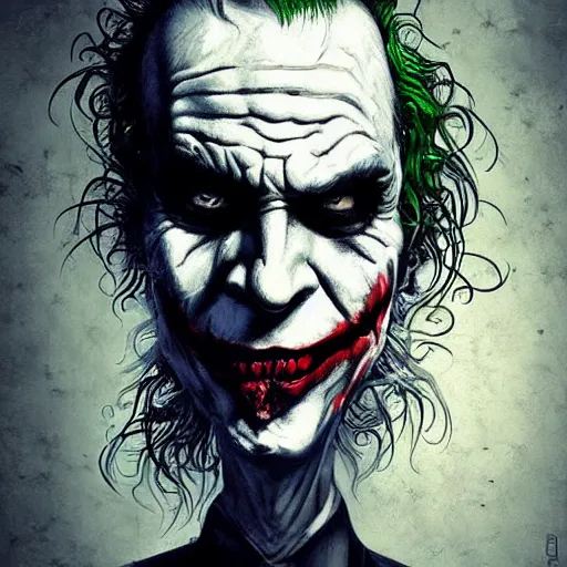 Image similar to surrealism grunge cartoon portrait sketch of The Joker by michael karcz, loony toons style, freddy krueger style, horror theme, detailed, elegant, intricate