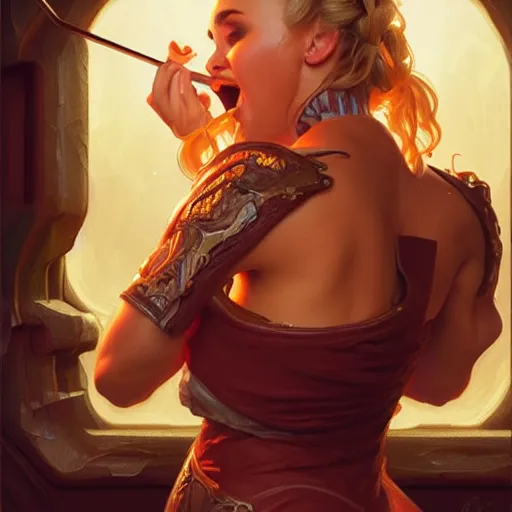 Image similar to Hayden Panettiere Eating BBQ Ribs, dripping BBQ Sauce, D&D, fantasy, intricate, elegant, highly detailed, digital painting, artstation, concept art, matte, sharp focus, illustration, hearthstone, art by Artgerm and Greg Rutkowski and Alphonse Mucha