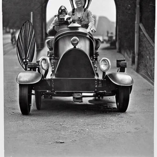 Image similar to an oldie car with wings and turbine, steam punk, black-white retro photo 1910, woman in front