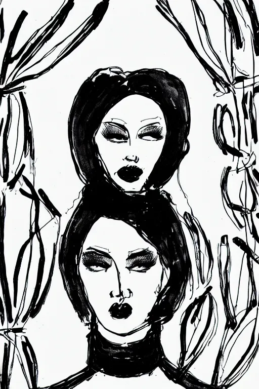 Image similar to ink lineart drawing of a beautiful trans woman, dark lips, white background, etchings by goya, chinese brush pen, illustration, high contrast, deep black tones contour