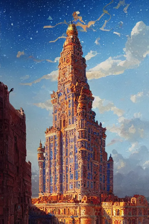 Prompt: glorious painted tower of the sun and stars by Sylvain Sarrailh and Ludwig Deutsch and Rudolf Ernst, dramatic cinematic lighting , beautiful colorful tilework, ornate architecture, smooth, sharp focus, extremely detailed