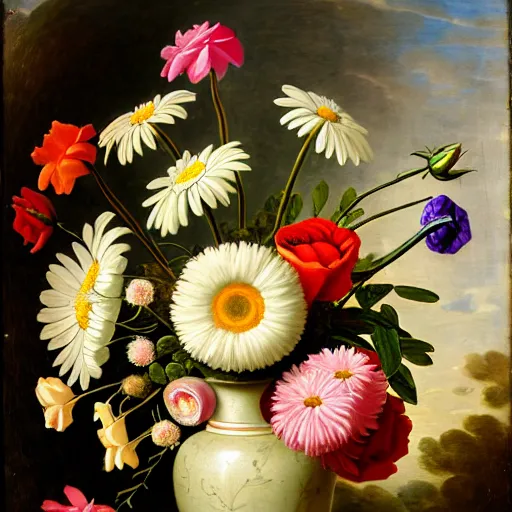 Image similar to a still life of a vase of flowers with a mix of roses daisies and lilies.