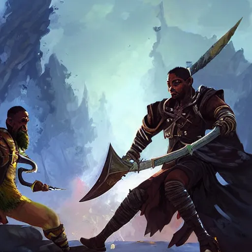 Prompt: a blackman rogue with a kukri fighting a french gentleman with a rapier, epic fantasy digital art, fantasy style art, by Greg Rutkowski, fantasy hearthstone card art style