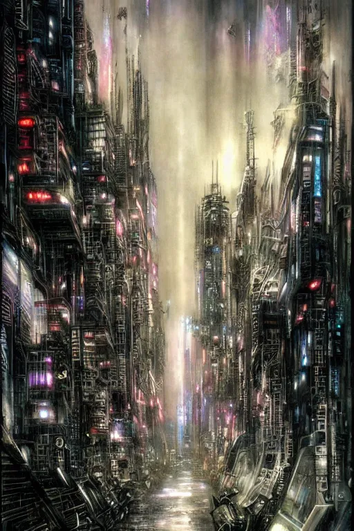 Image similar to dreamwave cyberpunk city, painted by luis royo