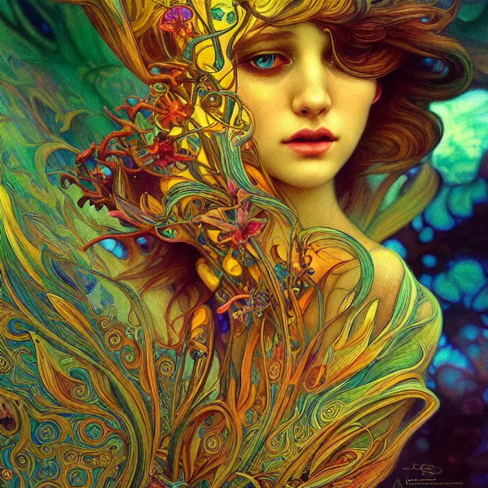 Image similar to extremely psychedelic macro shot, shallow DoF, LSD, diffuse lighting, fantasy, intricate, elegant, highly detailed, lifelike, photorealistic, digital painting, artstation, illustration, concept art, smooth, sharp focus, art by John Collier and Albert Aublet and Krenz Cushart and Artem Demura and Alphonse Mucha