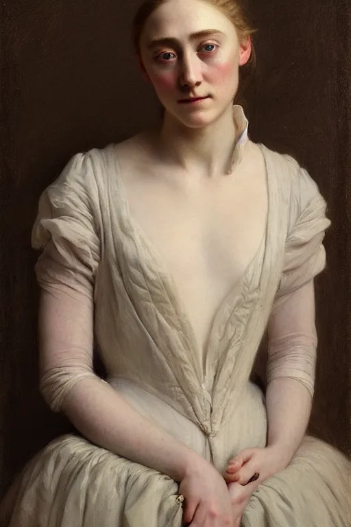 Prompt: portrait en buste Saoirse Ronan 1800s dress by Roberto Ferri, by Jeremy Lipking, Realism, abundant detail, muted tones