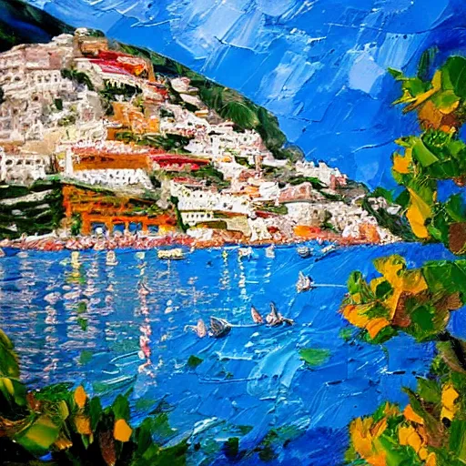 Image similar to fantastic across Positano Italy painted with a palette knife