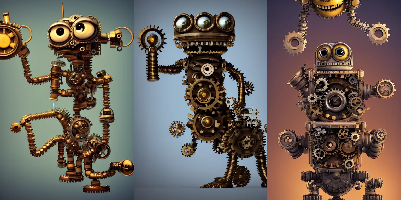 Prompt: a tiny cute DIESELPUNK monster with cogs and screws and big eyes smiling and waving, back view, isometric 3d, ultra hd, character design by Mark Ryden and Pixar and Hayao Miyazaki, unreal 5, DAZ, hyperrealistic, octane render, cosplay, RPG portrait, dynamic lighting, intricate detail, summer vibrancy, cinematic