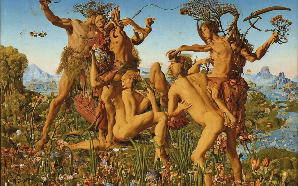 Image similar to a portrait photograph of a meditating satyr and a centaur monk riding a rocket machine and hunting at a river delta. surrounded by bulbous flowers and trees. mountain range under a blue sky of fiery stars. by jan van eyck, max ernst, ernst haeckel, ernst fuchs and artgerm, cgsociety, fashion editorial, 8 k