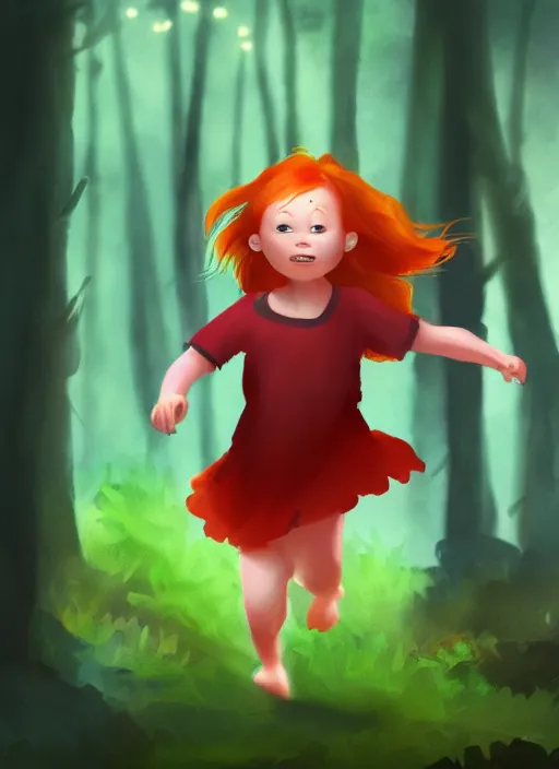 Image similar to Ginger girl running through a dark forest full of tall trees and fireflies . A monster is chasing her with glowing eyes. Artstation, award winning, mysterious.