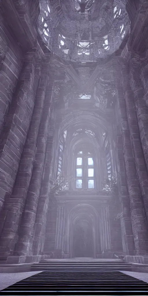 Image similar to entrance to ethereal realm, rendered in unreal engine, central composition, symmetrical composition midjourny