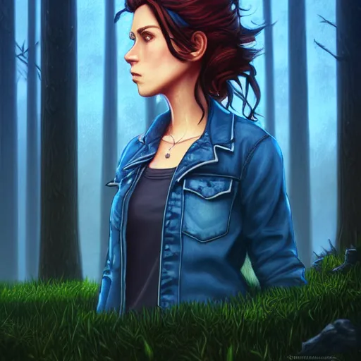 Prompt: an insanely detailed realistic depiction of beautiful jodi from stardew valley standing in the rainy forest wearing black shirt under blue denim jacket, auburn hair, pretty blue eyes, in the style of peter mohrbacher, artgerm, dramatic lighting and composition, octane render, trending on artstation, concept art 8 k