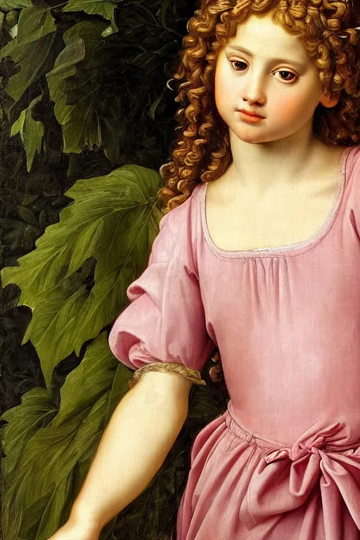 Image similar to renaissance painting of young girl in the garden, closeup, curly long hair, face closeup, emotions closeup, dressed in roman armour, the beautiful garden with maple leaves everywhere, ultra detailed, art by guido reni style, vincenzo catena style