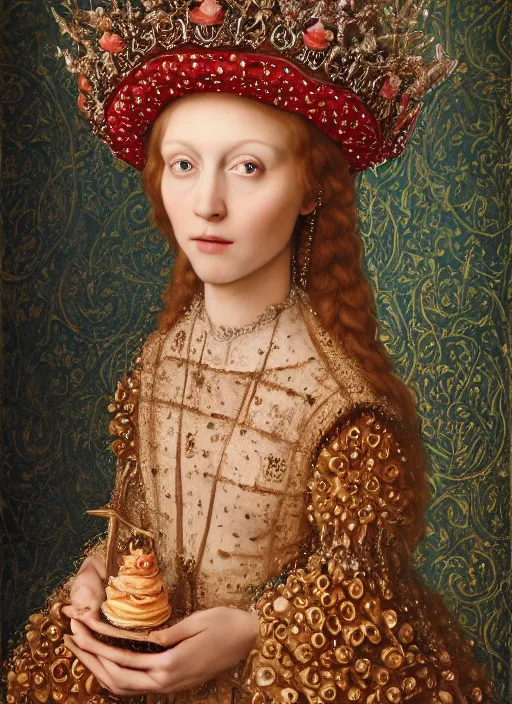 Image similar to closeup medieval jan van eyck face portrait of a fairytale princess wearing a crown eating cakes in the castle, bikini, depth of field, zeiss lens, detailed and intricate environment, fashion photoshoot by nicoletta ceccoli, mark ryden, lostfish, breathtaking, 8 k resolution, extremely detailed, beautiful, establishing shot, artistic, hyperrealistic, octane render