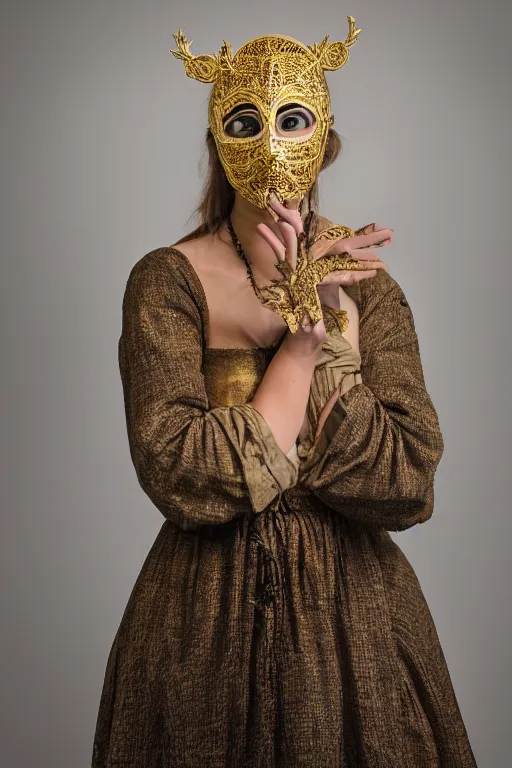 Image similar to a young woman dressed as a farmer from the middle ages, wearing an intricate gold mask. photoreal, metal filigree, realitic portrait.