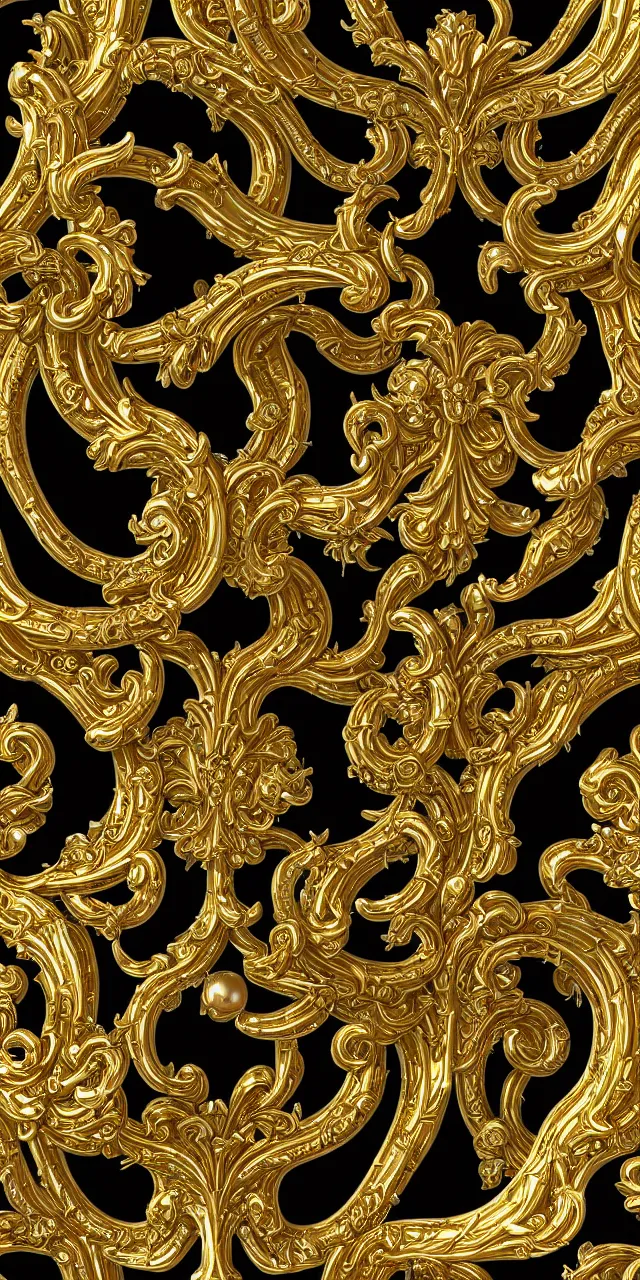 Image similar to subsurface scattering, seamless 3 d baroque gold and black pattern, beautiful dynamic shadows, gold silver iridescent pearls and swarovski crystals, symmetrical, rococo elements, damask, artstation, versace pattern, concept design art, octane render, 8 k