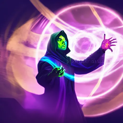 Image similar to a warlock is casting a magic spell while with magic orb floating in his hand , dynamic pose, chromatic aberration , medium level shot, Mucha style , Grim fantasy, illustration ,concept art,