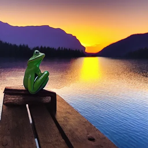 Image similar to frog sitting on a bench next to a lake in the mountains watching a beautiful sunset, photorealistic