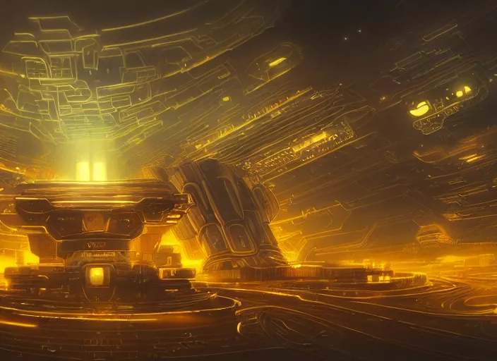 Image similar to cult of technology, exterior of scifi temple, machines, robots, ultra realistic, golden computers, highly detailed, clouds, futuristic landscape, city, atmosphere, masterpiece, epic lighting, glowing wires, mysterious, illuminated, 4 k, cinematic, art by patryk olkiewicz and chris ostrowski and liang yao