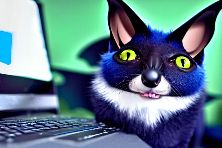 Image similar to a blue - and - black male catbat fursona with blue / green heterochromatic eyes and huge bat ears, photo of the catbat streaming on his computer