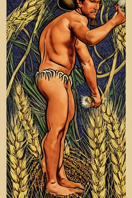 Prompt: a beautiful tarot! card of a shirtless indigenous cowboy surrounded by wheat and berries, homoerotic, art deco!, Art nouveau, majestic, trending on artstation