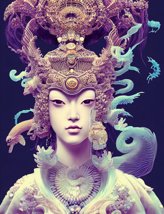 Image similar to 3 d goddess close - up profile portrait with crown, ram skull. beautiful intricately detailed japanese crow kitsune mask and clasical japanese kimono. betta fish, jellyfish phoenix, bio luminescent, plasma, ice, water, wind, creature, artwork by tooth wu and wlop and beeple and greg rutkowski