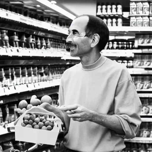 Prompt: Steve jobs selling apples on a supermarket, 35mm lens
