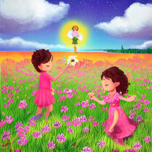 Prompt: !dream A little girl giving a flower to a giant cyclops in the middle of a flowery field, digital art