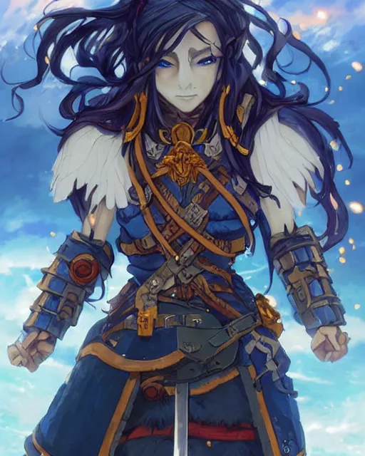 Image similar to An anime portrait of a beautiful D&D half-orc female with long wavy dark blue hair, bright orange eyes, intricate full body armour, fantasy soldier, by Stanley Artgerm Lau, WLOP, Rossdraws, James Jean, Andrei Riabovitchev, Marc Simonetti, and Sakimichan, highly detailed, ultra detailed, golden hour, trending on artstation, cgstudio