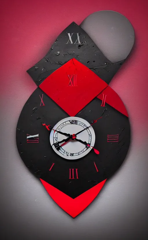 Image similar to a melting Roman numeral clock, behind a red and black gradient background, awith a black heart shaped on the top left corner and a black diamond card shape in the bottom right corner, dynamic lighting, photorealistic fantasy concept art, trending on art station, stunning visuals, cinematic, creative, ultra detailed